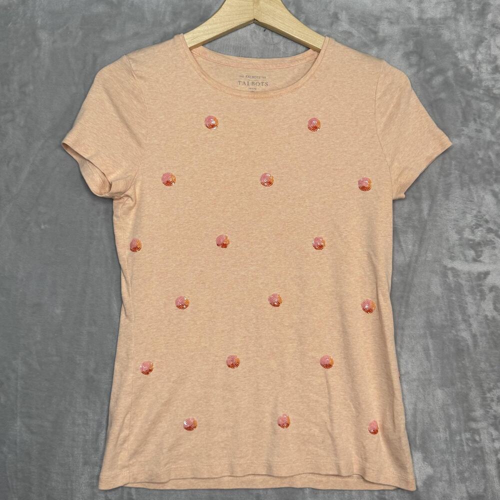 Talbots Shirt Womens Petite Medium Peach Sequin Polka Dot Short Sleeve Tee